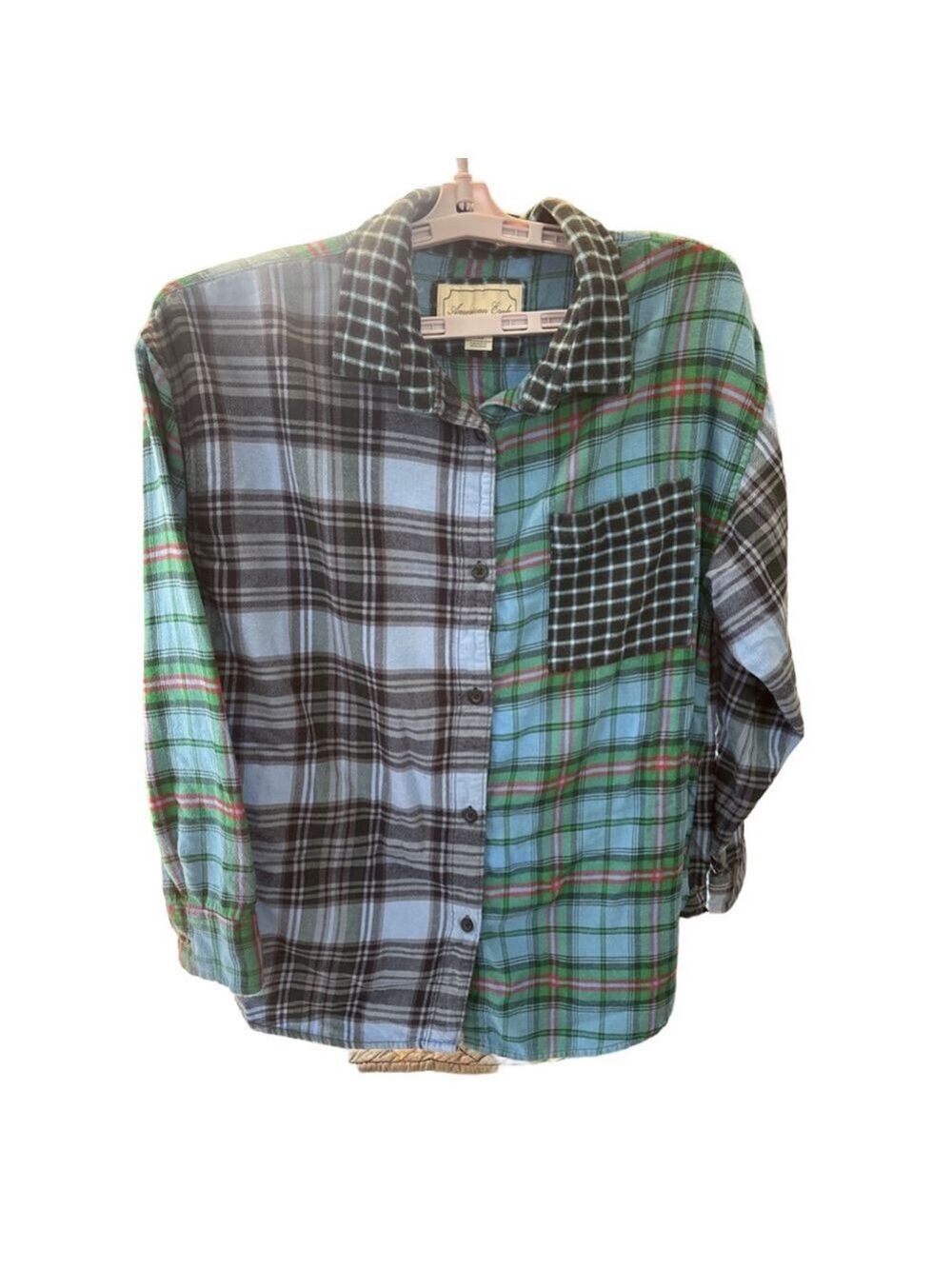 Women's American Eagle Plaid Button Down Shirt M Blue Green
